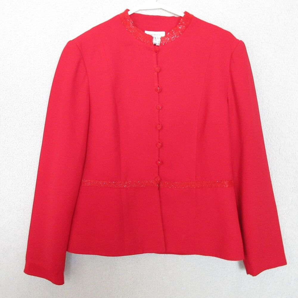 Adrianna Papell Size 12 Red Beaded Collar Buttons Evening Blazer Jacket Top